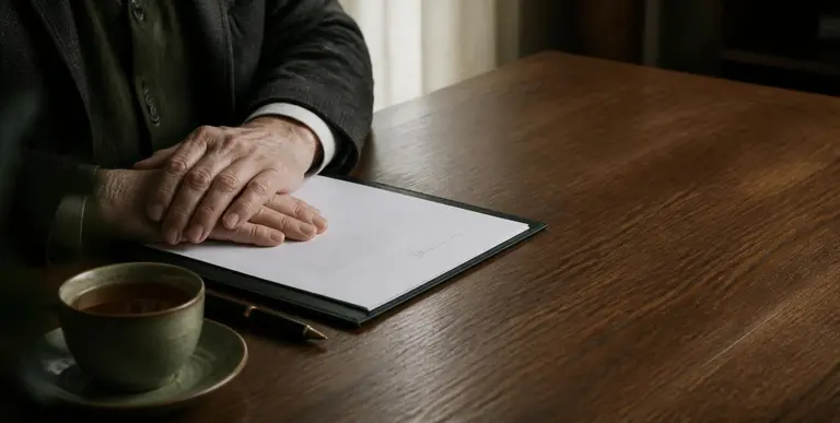 Hands resting on a signed document on a wooden desk, beside a pen and a cup of tea