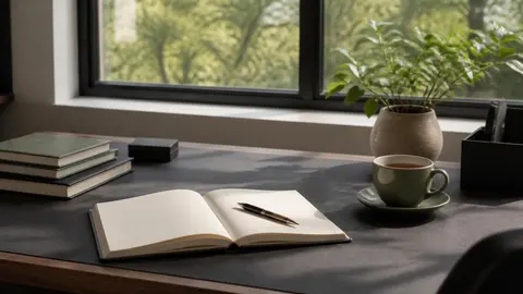 An open notebook and pen on a calm desk by a window, beside a cup of tea and a plant