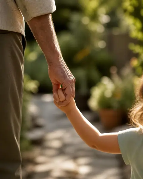 An older adult gently holding a young child's hand on a sunlit garden path